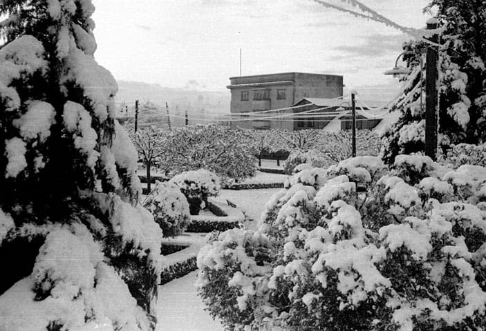 Nieve en la plaza y edificio de fondo