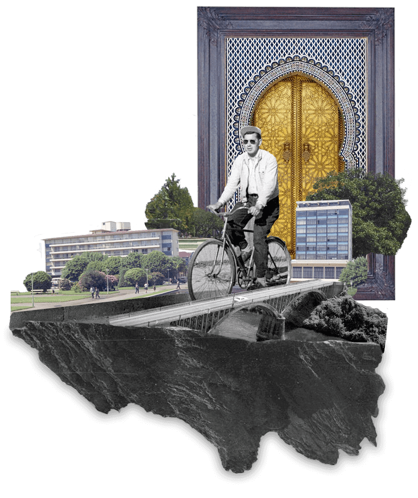 collage de un ciclista sobre un puente y edificios alrededor